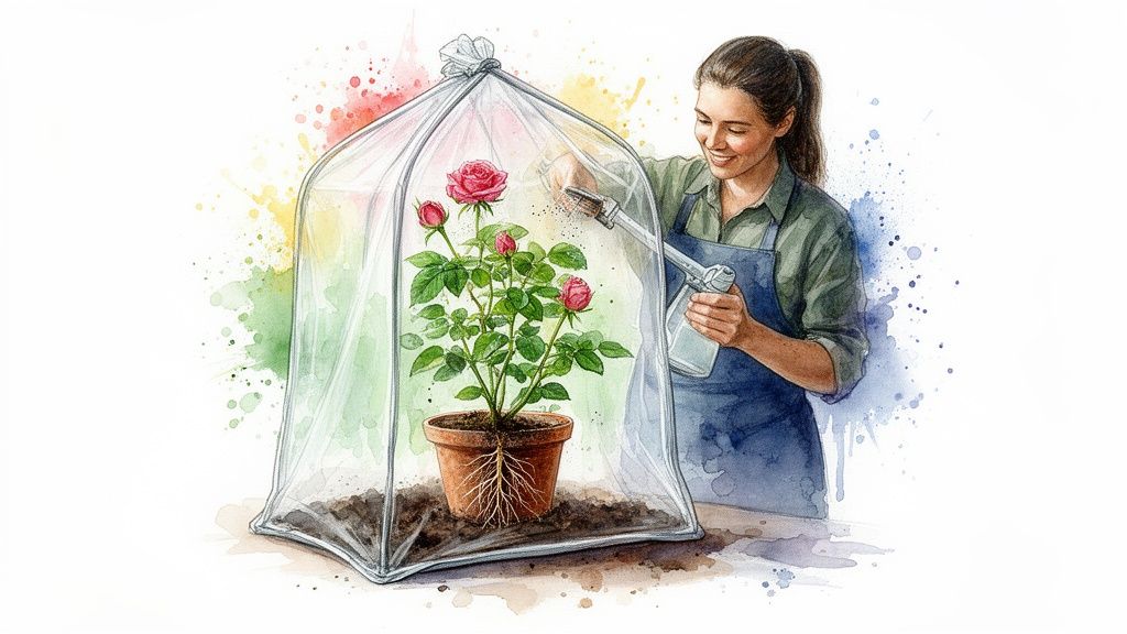 A smiling woman waters a potted rose plant inside a transparent cloche, watercolor style.