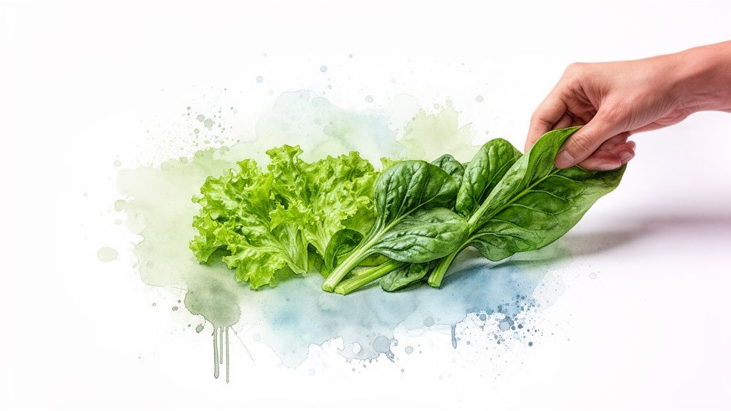 A hand gently picks fresh green spinach leaves next to vibrant lettuce, set against a watercolor background.