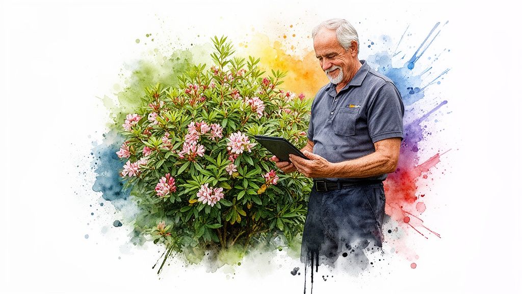Smiling senior man using a tablet next to a vibrant blooming pink rhododendron bush with watercolor art.