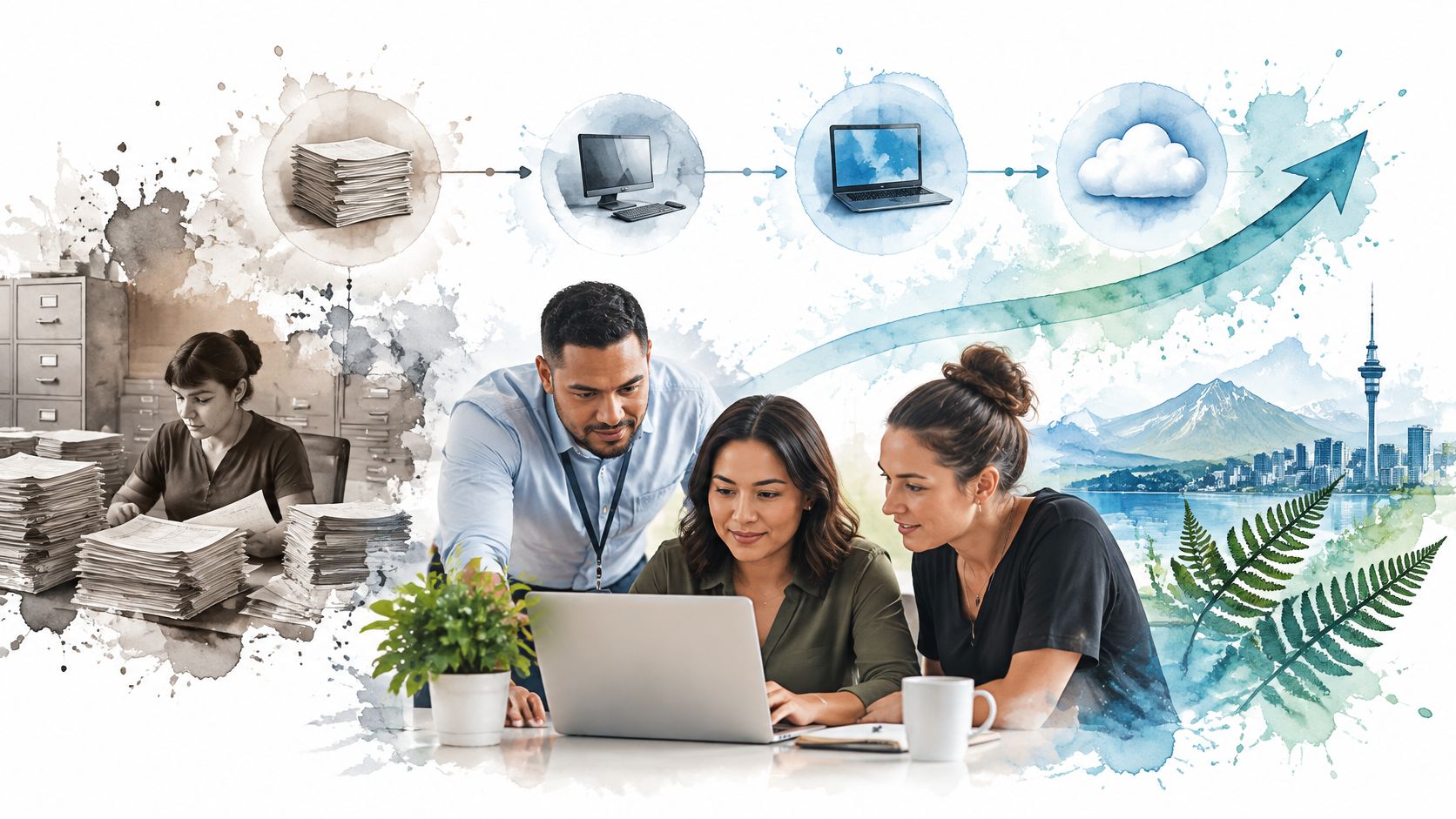A team collaborating on a laptop, symbolizing digital transformation from paper records to modern cloud storage solutions.