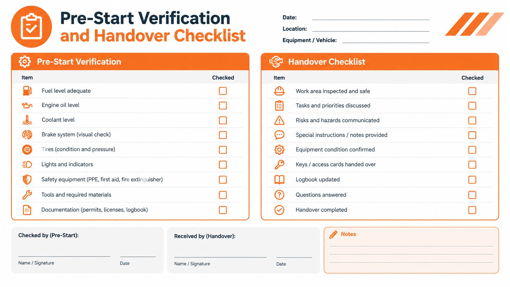 A pre-start verification and handover checklist form for professional equipment and workplace safety management.