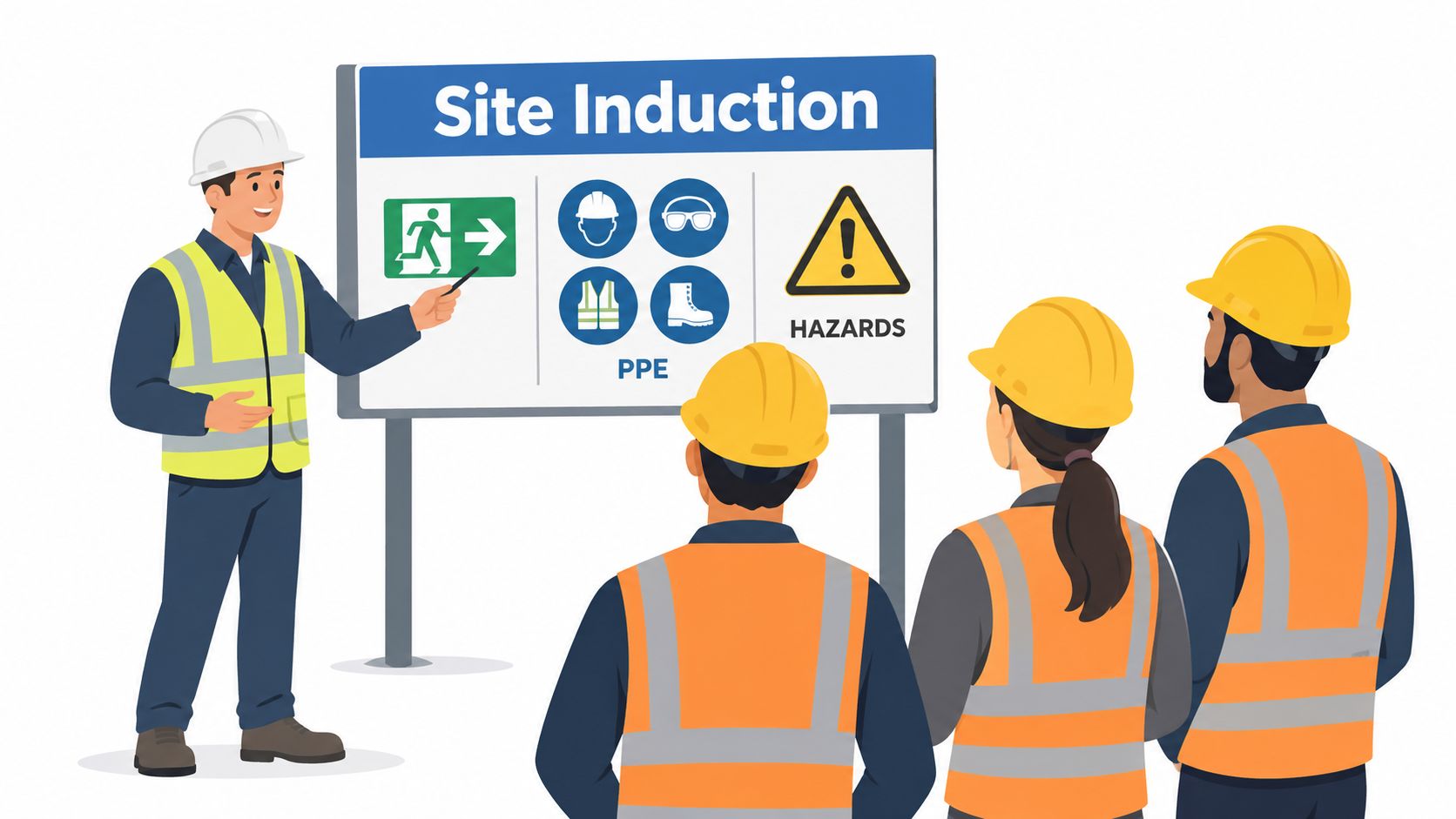 A construction site supervisor giving a safety induction presentation to workers wearing high visibility vests and hard hats.