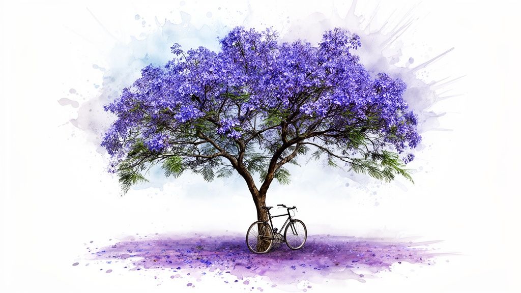 Watercolor art of a blooming purple Jacaranda tree with a black bicycle and fallen flowers.