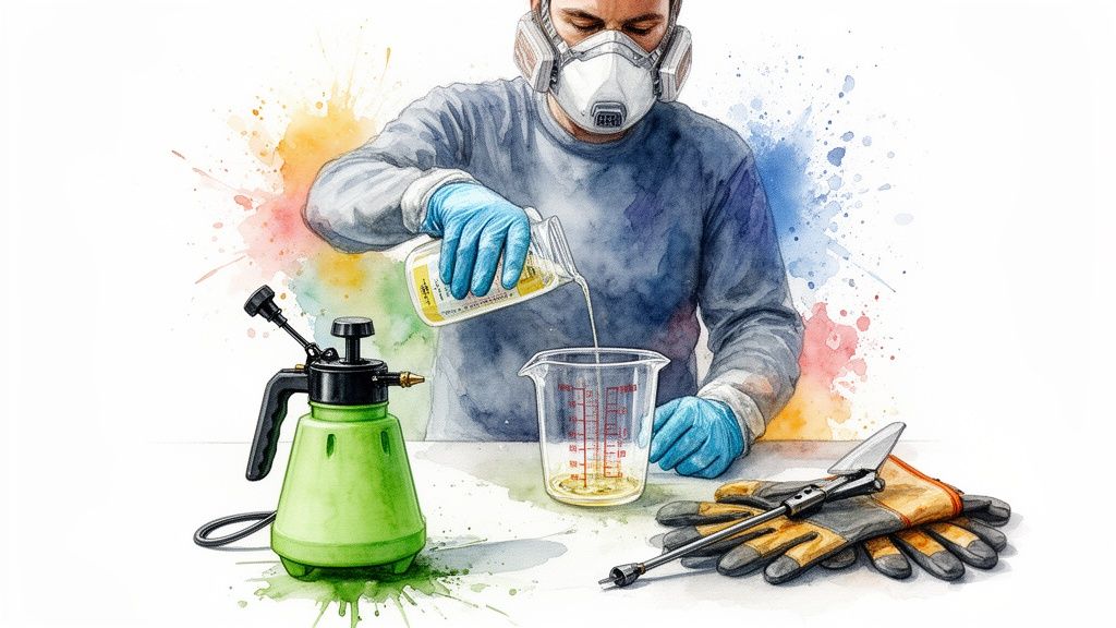 Person in respirator and gloves pouring yellow liquid from a bottle into a measuring cup.