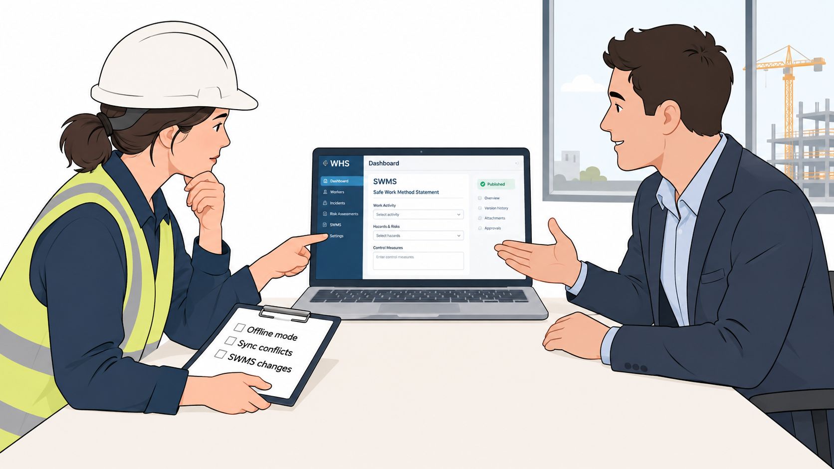 A construction manager and an engineer discussing WHS compliance software on a laptop in an office.