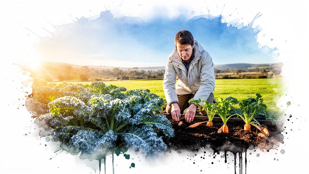 A person planting carrots and kale in a watercolor-style winter garden under a bright sun.