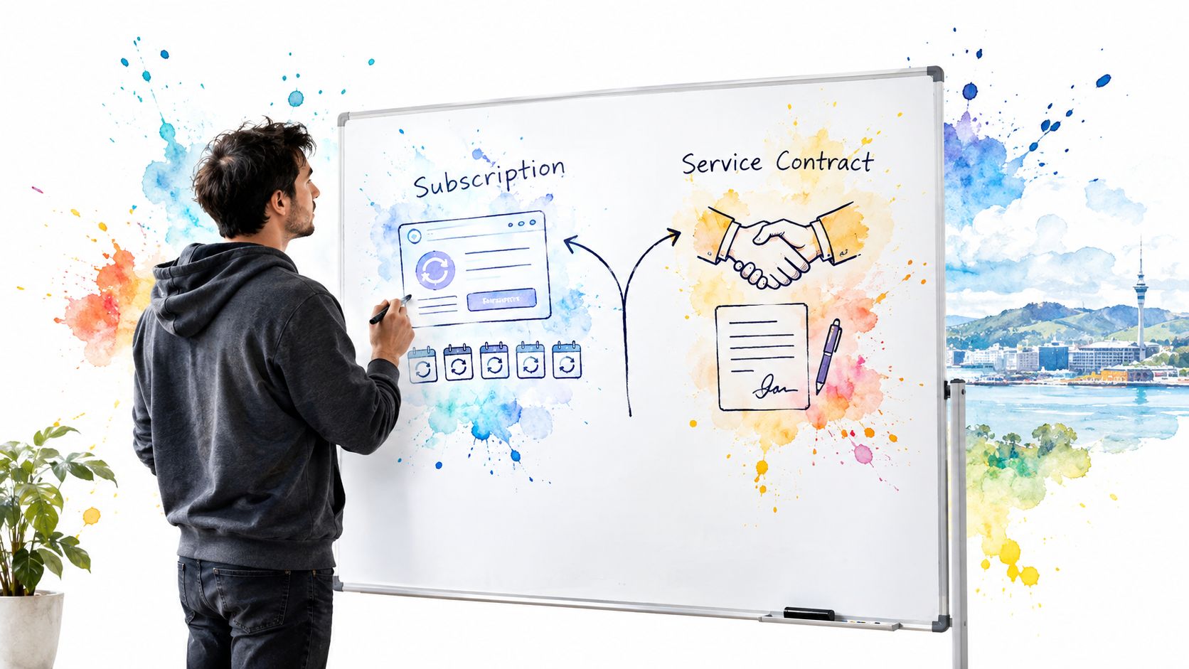 A man in a hoodie drawing a diagram comparing a subscription model with a service contract on a whiteboard.
