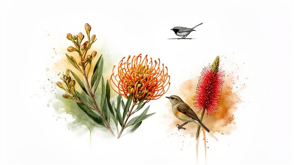 Vibrant watercolour illustration of Australian native flora, including protea and bottlebrush, with two small birds.