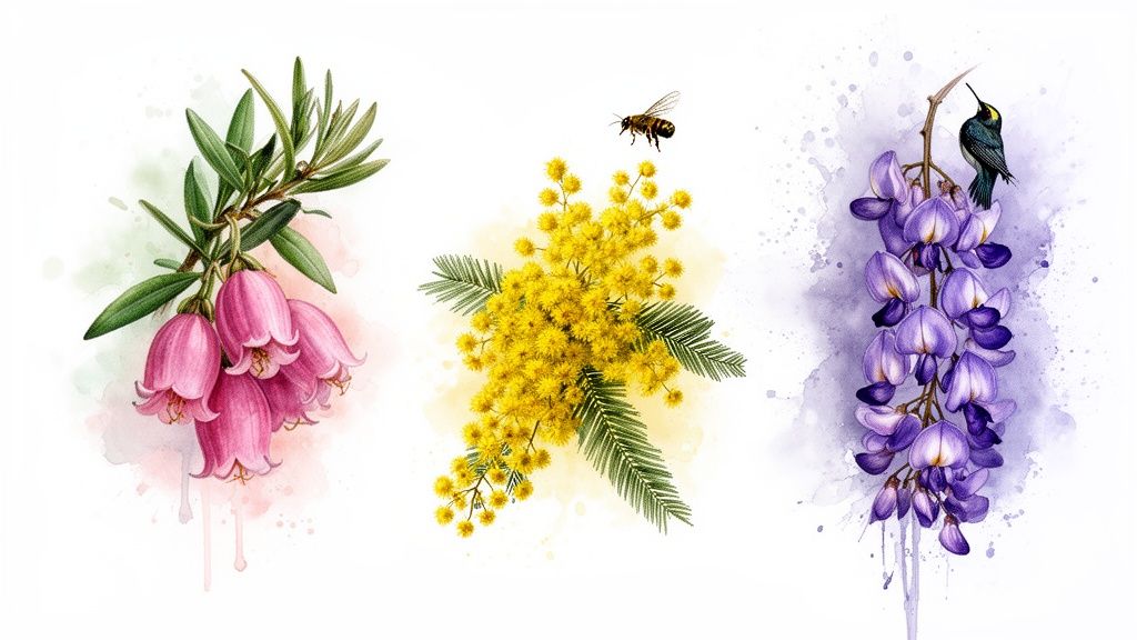 Three beautiful watercolor illustrations: pink bell flowers, yellow mimosa with a bee, and purple wisteria with a bird.