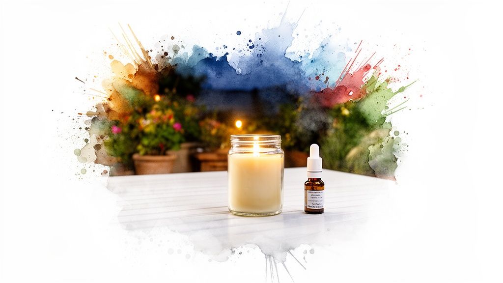 A glowing candle and a small essential oil bottle on a white outdoor table with a colorful watercolor background.