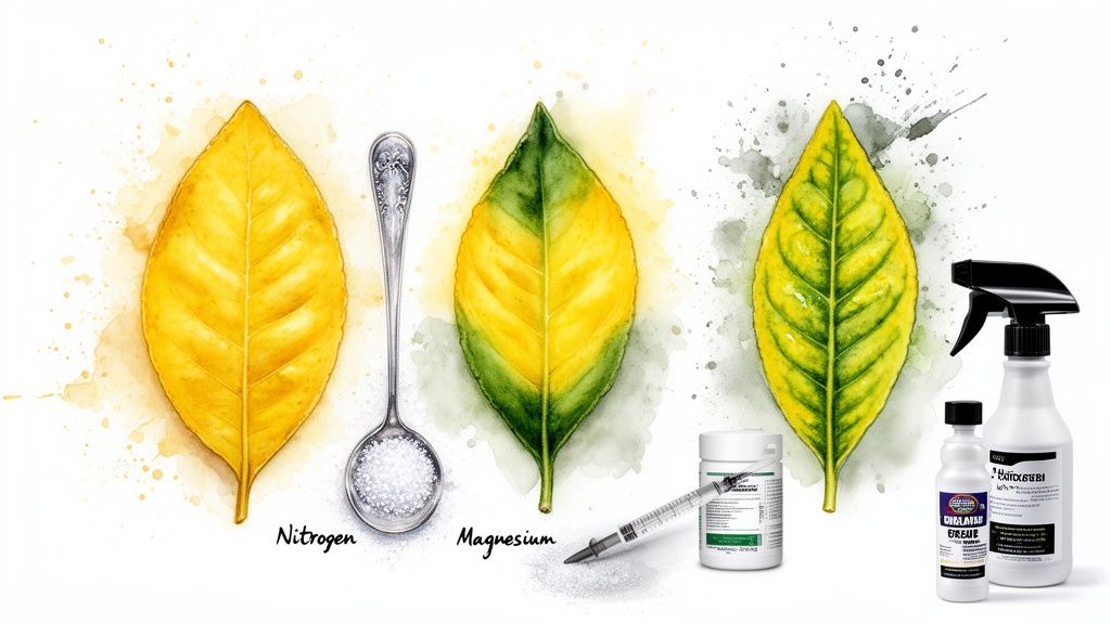 Watercolor illustration showing yellowing leaves from nitrogen and magnesium deficiency, with remedies and labels.
