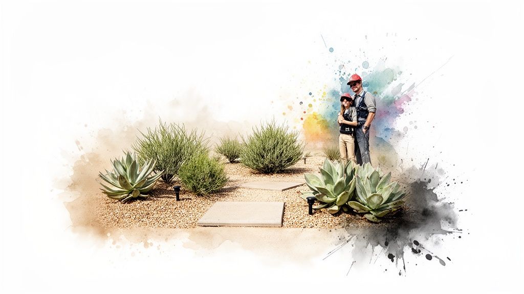 Father and daughter in construction hats in a modern, low-maintenance garden with succulents and gravel.