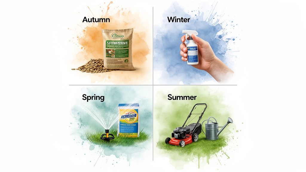 Seasonal lawn care products and tools for autumn, winter, spring, and summer, including seeds, spray, fertilizer, and a lawnmower.