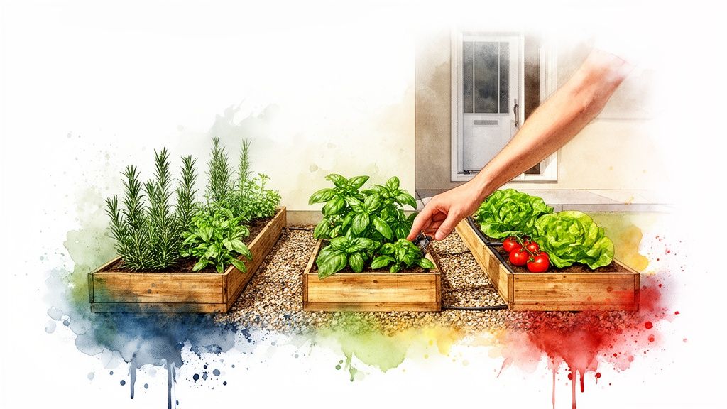 A hand waters a raised garden bed with basil, alongside rosemary, lettuce, and tomatoes, depicted in a vibrant watercolor style.