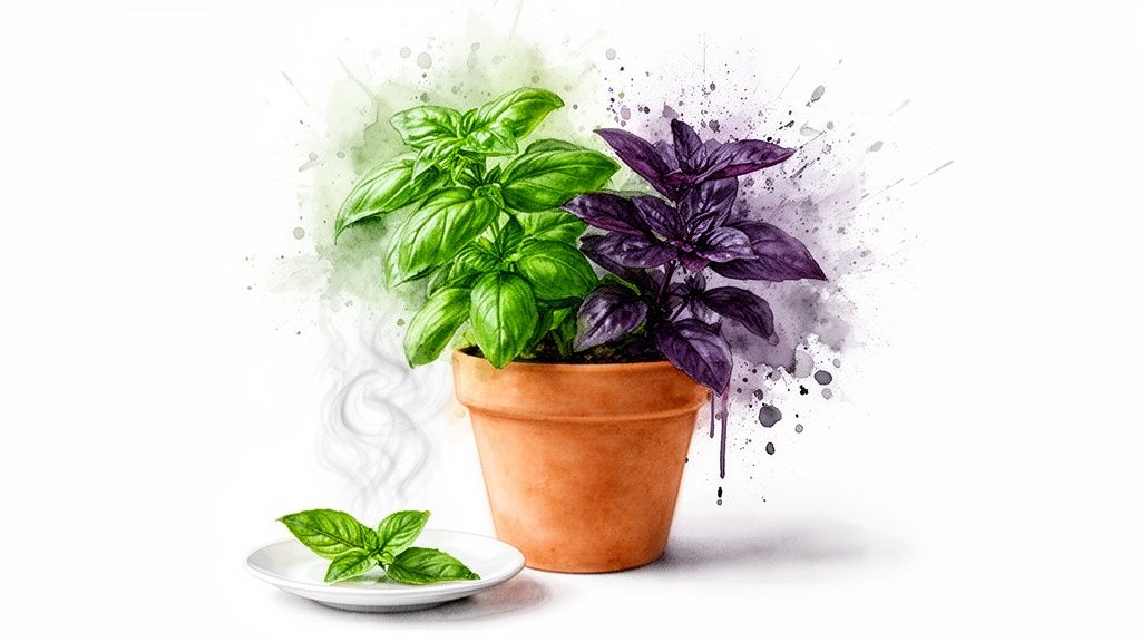 Vibrant green and purple basil plants in a terracotta pot with fresh leaves on a plate.