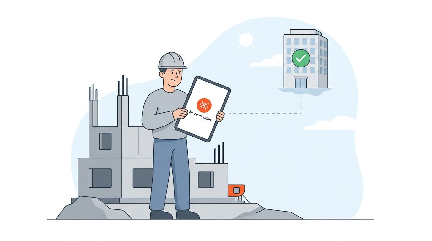A construction worker standing at a building site holding a tablet showing a no connection error.