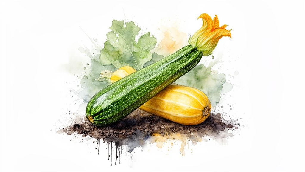 Vibrant watercolor of fresh green and yellow zucchini with a flower on earthy ground.
