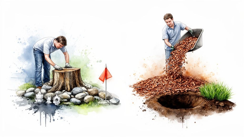 Watercolor illustration showing a man preparing a tree stump and another man filling a hole with wood chips.