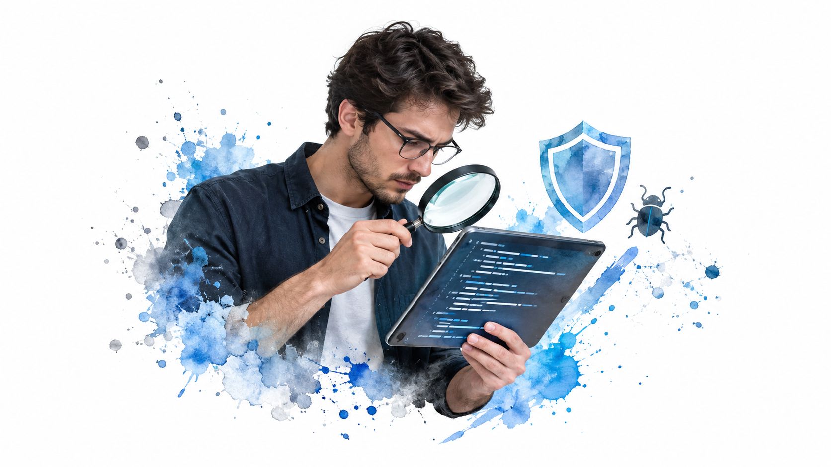 A young programmer examining lines of code on a tablet with a magnifying glass and digital security graphics.