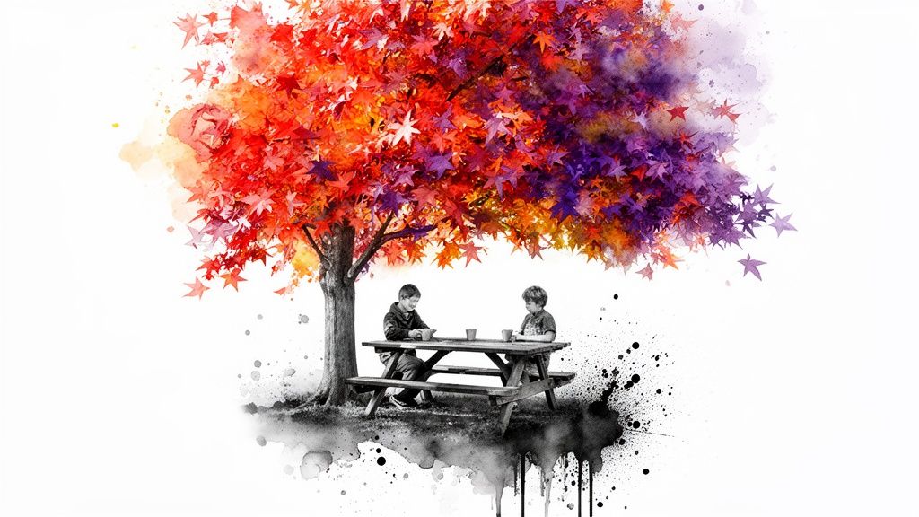 Two children sit under a vibrant watercolor tree with red and purple autumn leaves.