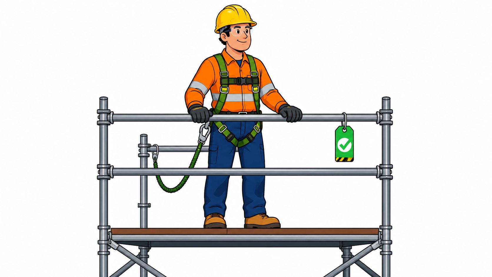 A construction worker wearing a safety harness and hard hat standing safely on a scaffold platform.