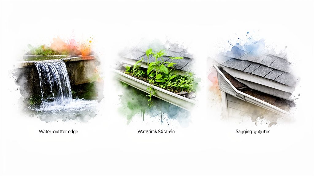 Three images show common gutter issues: overflowing water, plants growing in a clogged gutter, and a sagging gutter.
