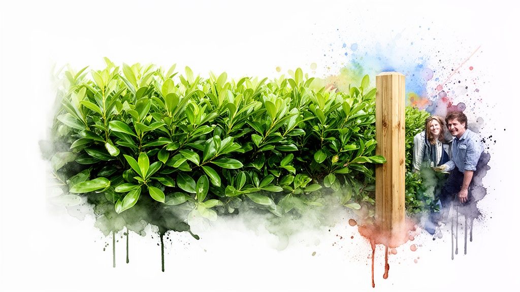 A vibrant green hedge with a wooden post, a smiling couple, and watercolor splashes.