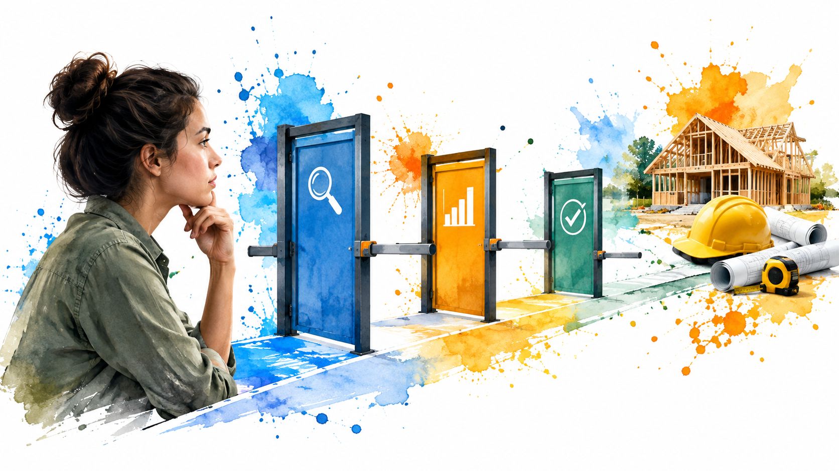 A thoughtful woman looking at a visual progression of doors representing construction product roadmap development steps.