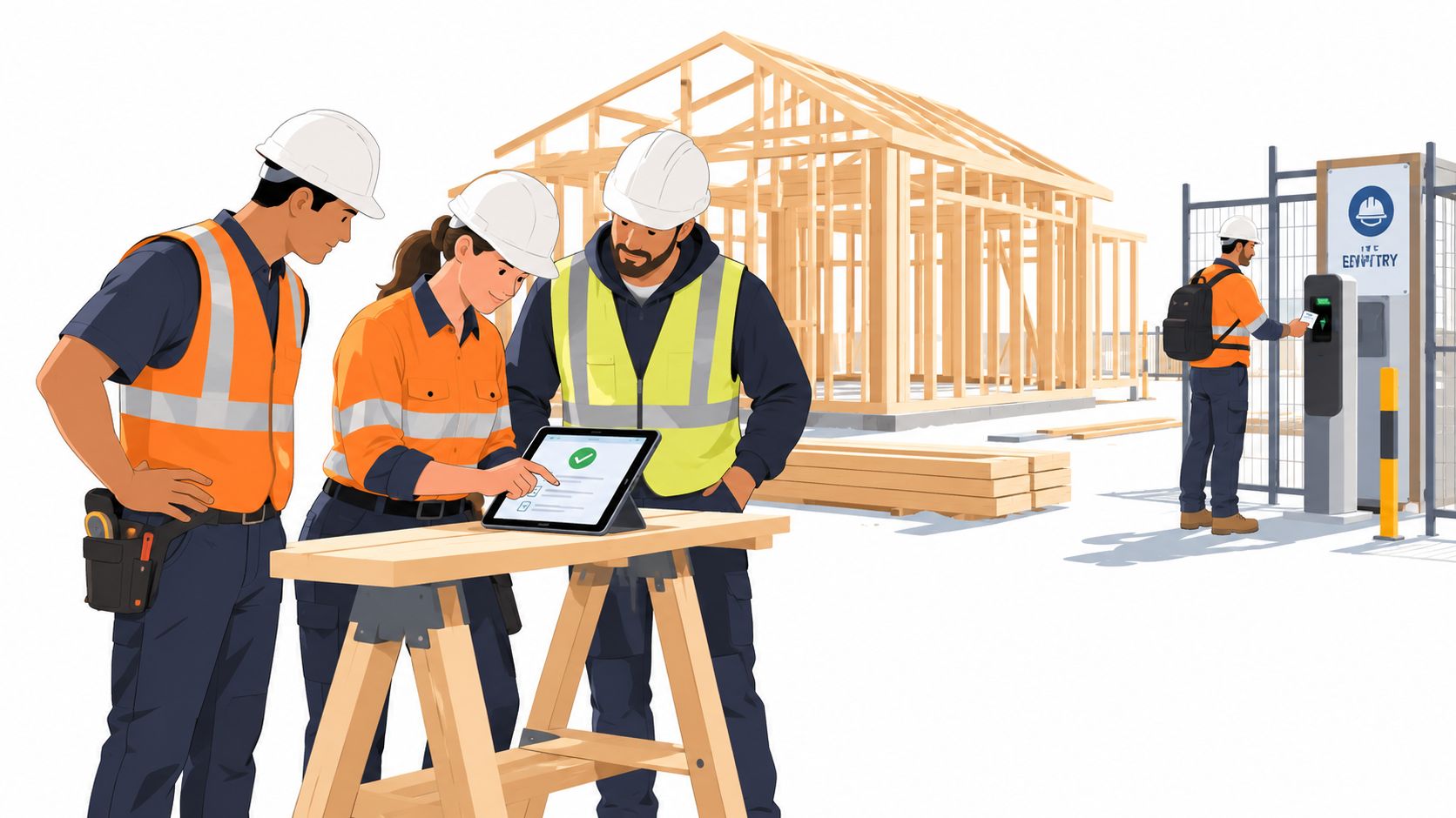 Construction team reviewing digital safety checklists on a tablet at a residential building site in Australia.