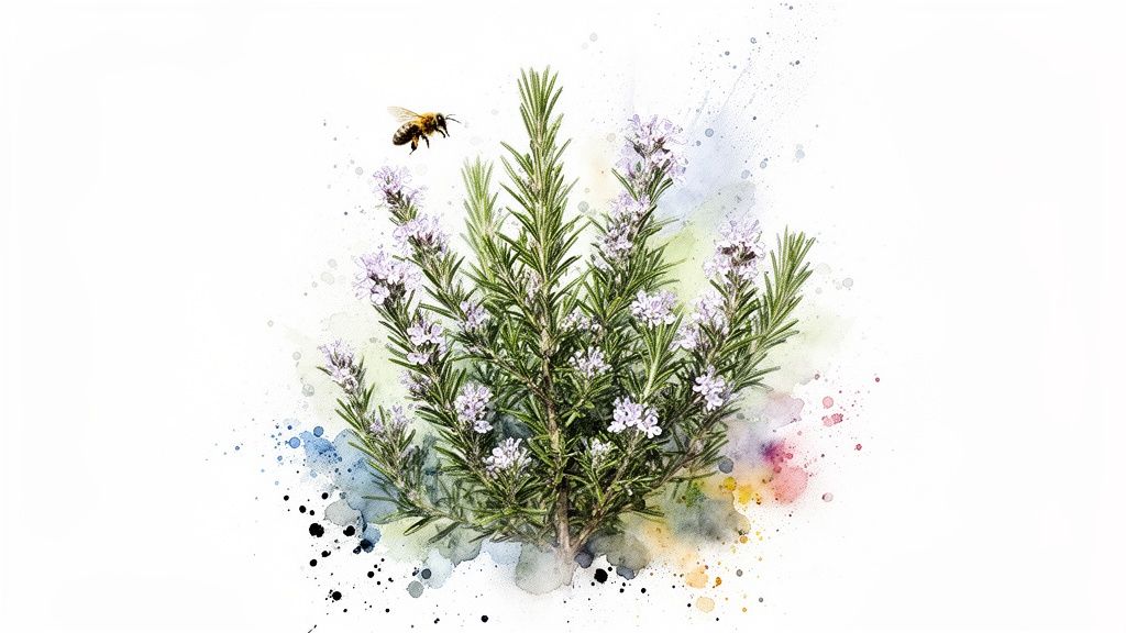 A watercolor illustration of a flowering rosemary plant with a bee, surrounded by colorful splatters.