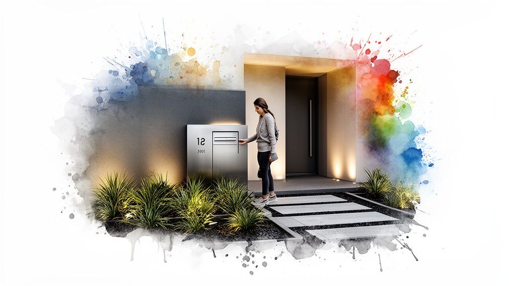 A woman checks a modern stainless steel mailbox at the entrance of a contemporary house.