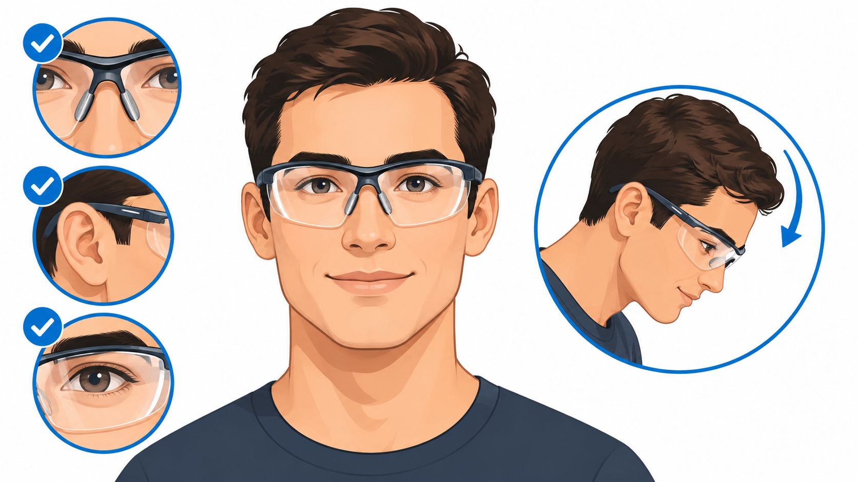 A digital illustration showing a man wearing protective safety glasses with close-up views of fitment features.