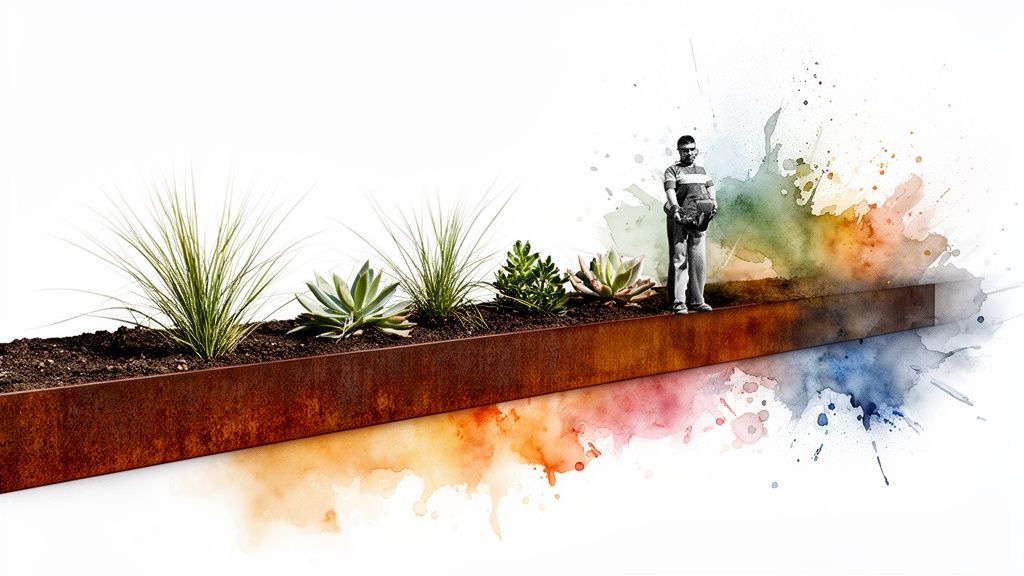 A man stands beside a rusty metal planter with succulents and grass against a watercolor background.