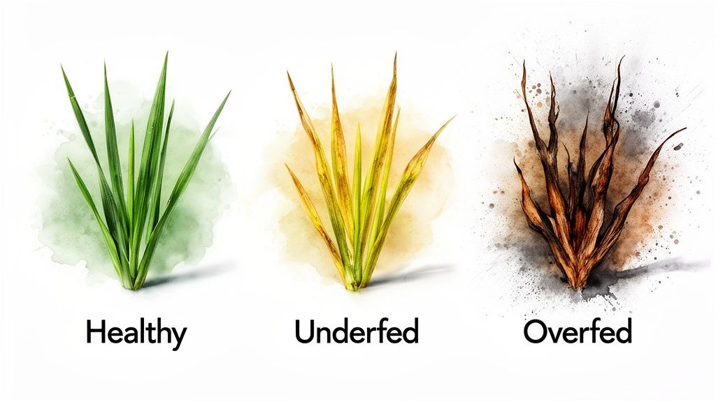 Three illustrations show healthy green grass, yellowish underfed grass, and brown overfed grass with labels.