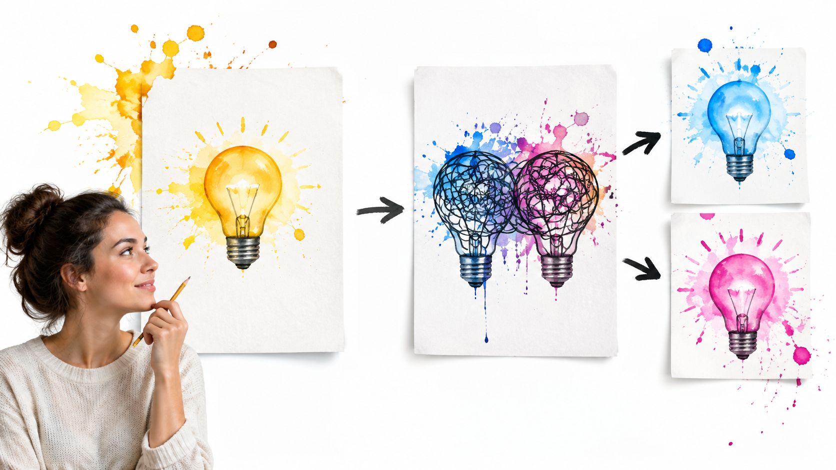 A creative woman looking at drawings of lightbulbs representing the transformation of ideas into specific designs.