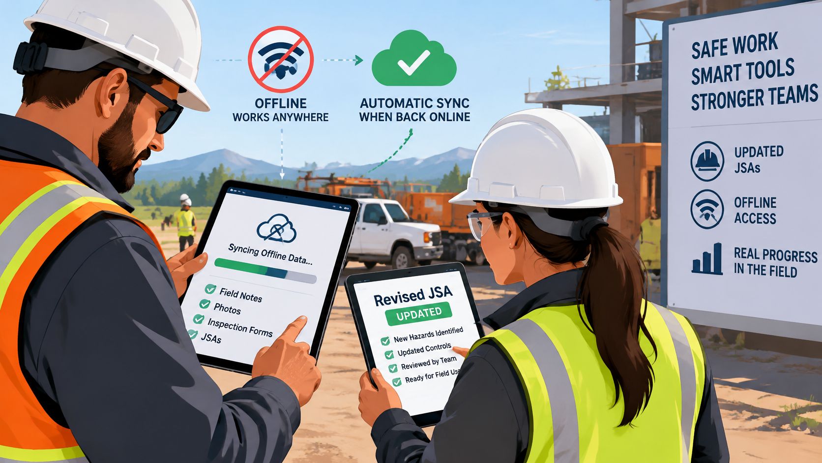 Two construction workers using tablets to review safety inspection documents on a digital job site.