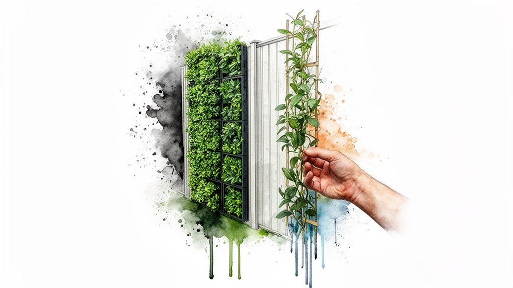 Watercolor illustration of a hand training a climbing plant next to a green vertical garden.