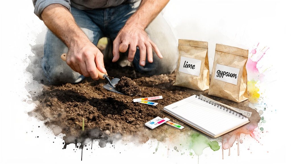 A person tests soil with a trowel, pH strips, and considers lime and gypsum for gardening.