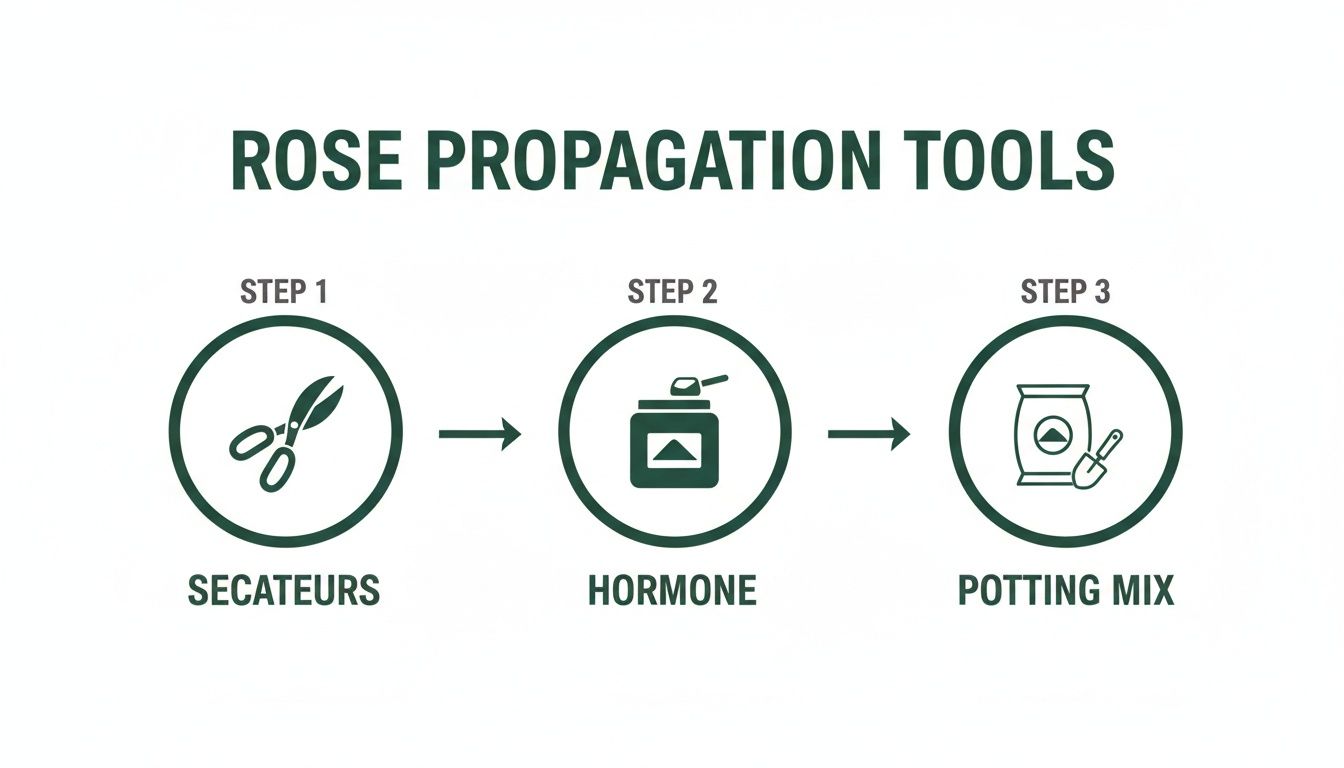 Illustration showing three steps for rose propagation tools: secateurs, rooting hormone, and potting mix.