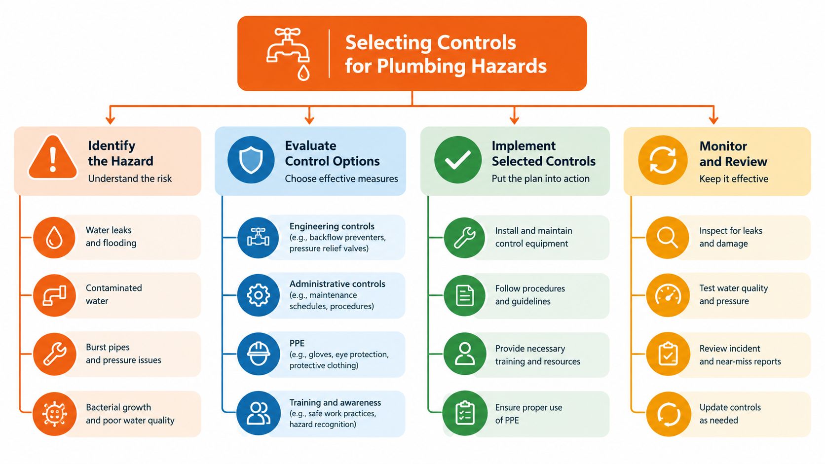 A flowchart detailing the process of selecting and implementing safety controls for managing plumbing hazards efficiently.