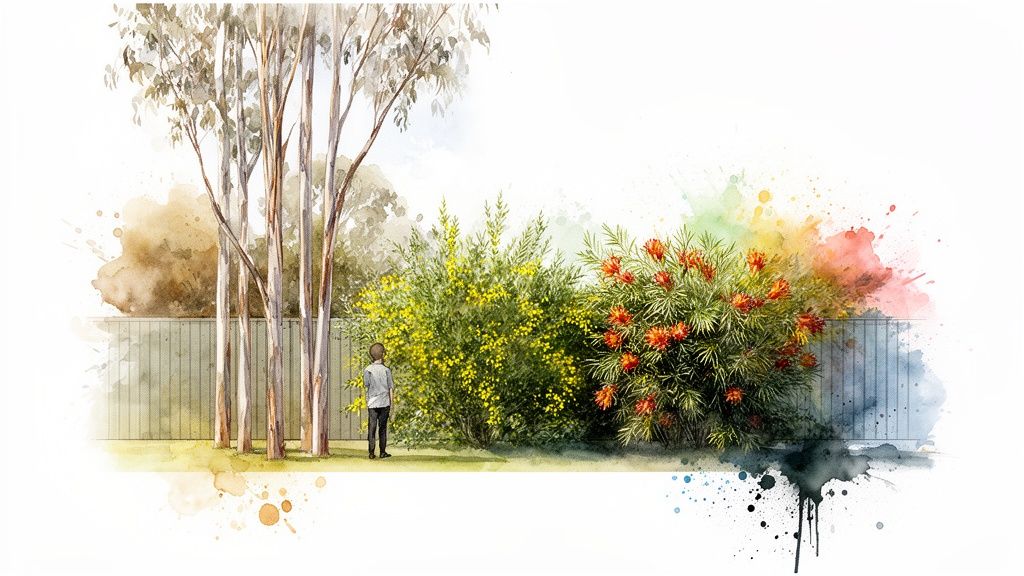 Watercolor illustration of a backyard with trees, a fence, flowering bushes, and a person.