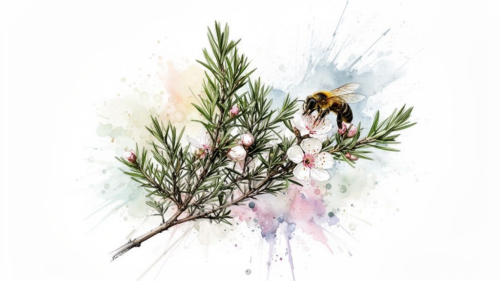 A watercolor illustration featuring a bee on white flowers of a green leafy branch with colorful splashes.