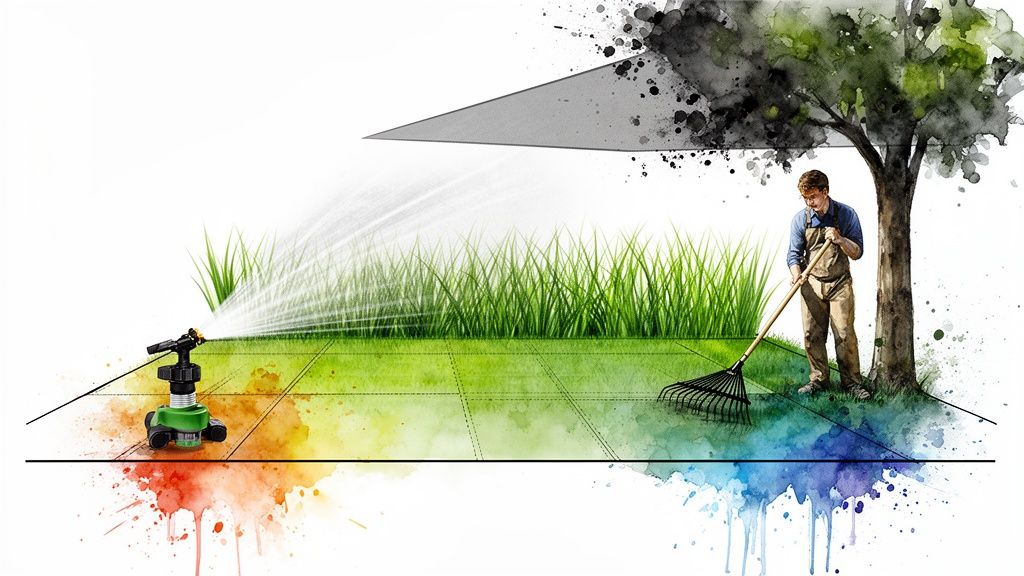 A watercolor illustration showing a man raking leaves and a sprinkler watering grass in a garden.