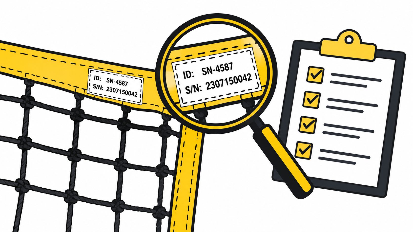 A magnifying glass inspecting a serial number label on a yellow safety net next to a clipboard checklist.