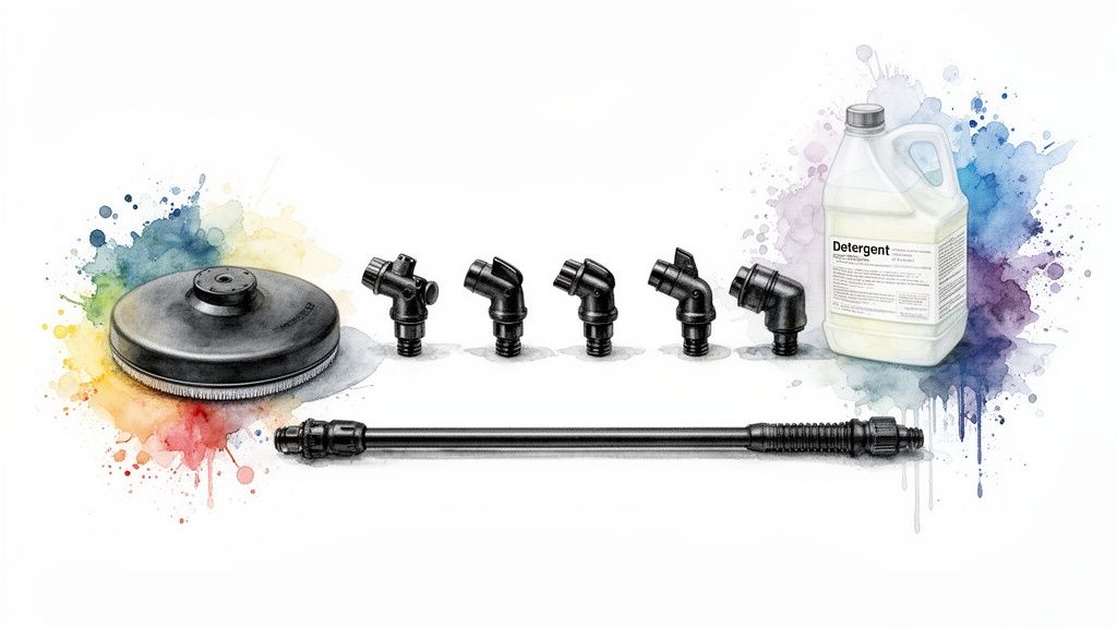 A watercolor illustration of pressure washer tools: a surface cleaner, five nozzles, a wand, and a detergent bottle.