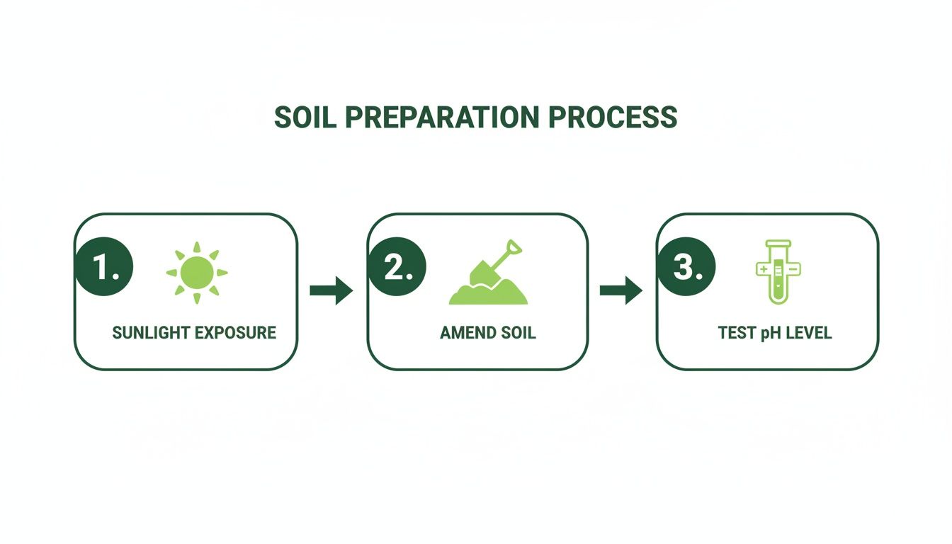 A three-step infographic showing the soil preparation process: sunlight exposure, amending soil, and testing pH levels.