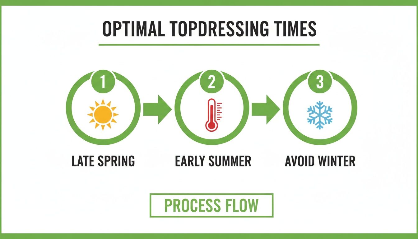 Infographic showing optimal topdressing times: late spring, early summer, and avoid winter.