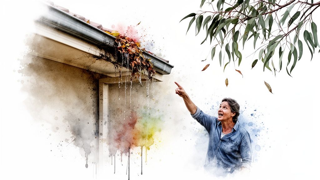A woman points at a house gutter overflowing with autumn leaves and dripping water, indicating a need for cleaning.