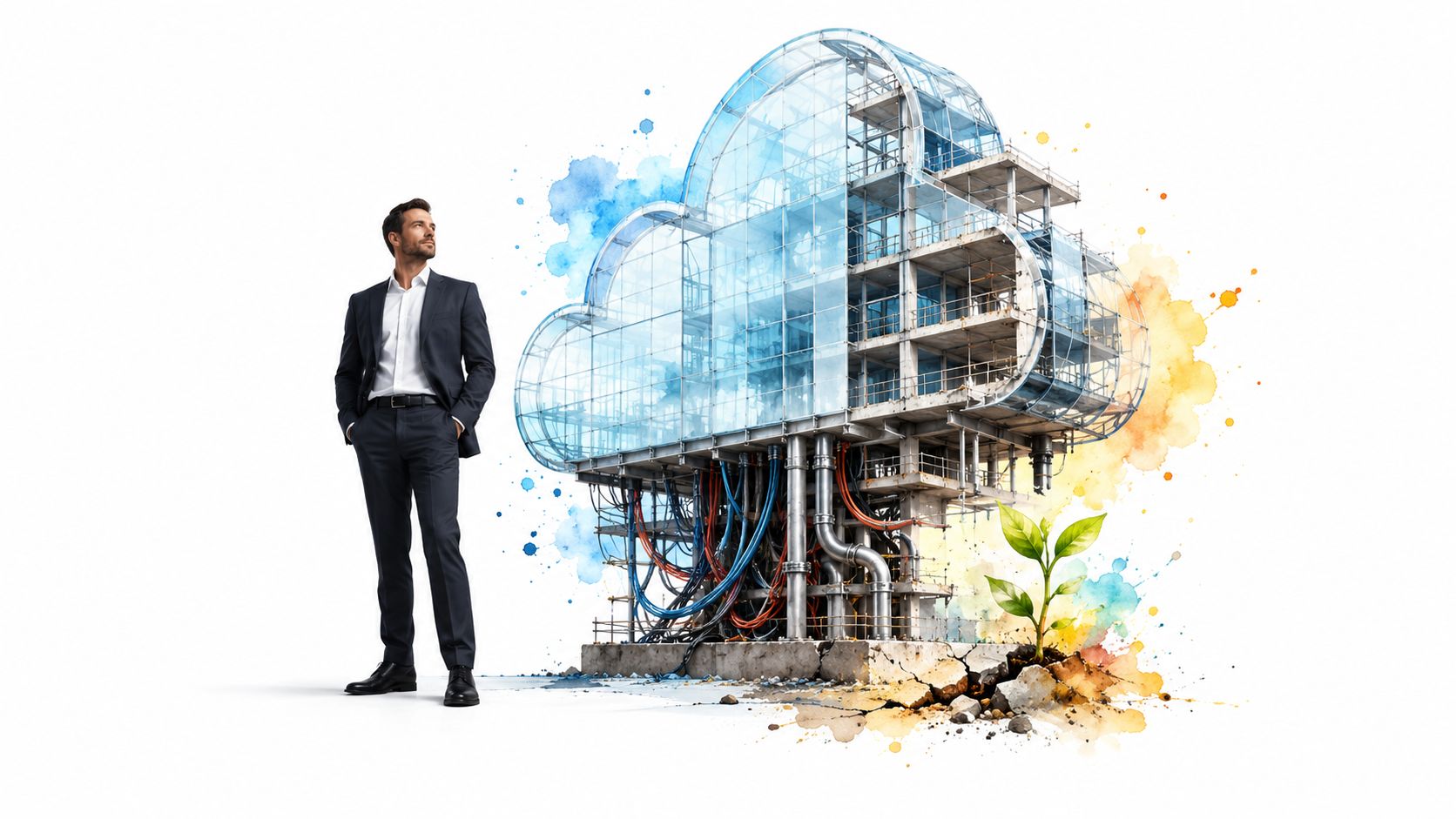 A professional man standing next to a structural model of a cloud computing data center infrastructure