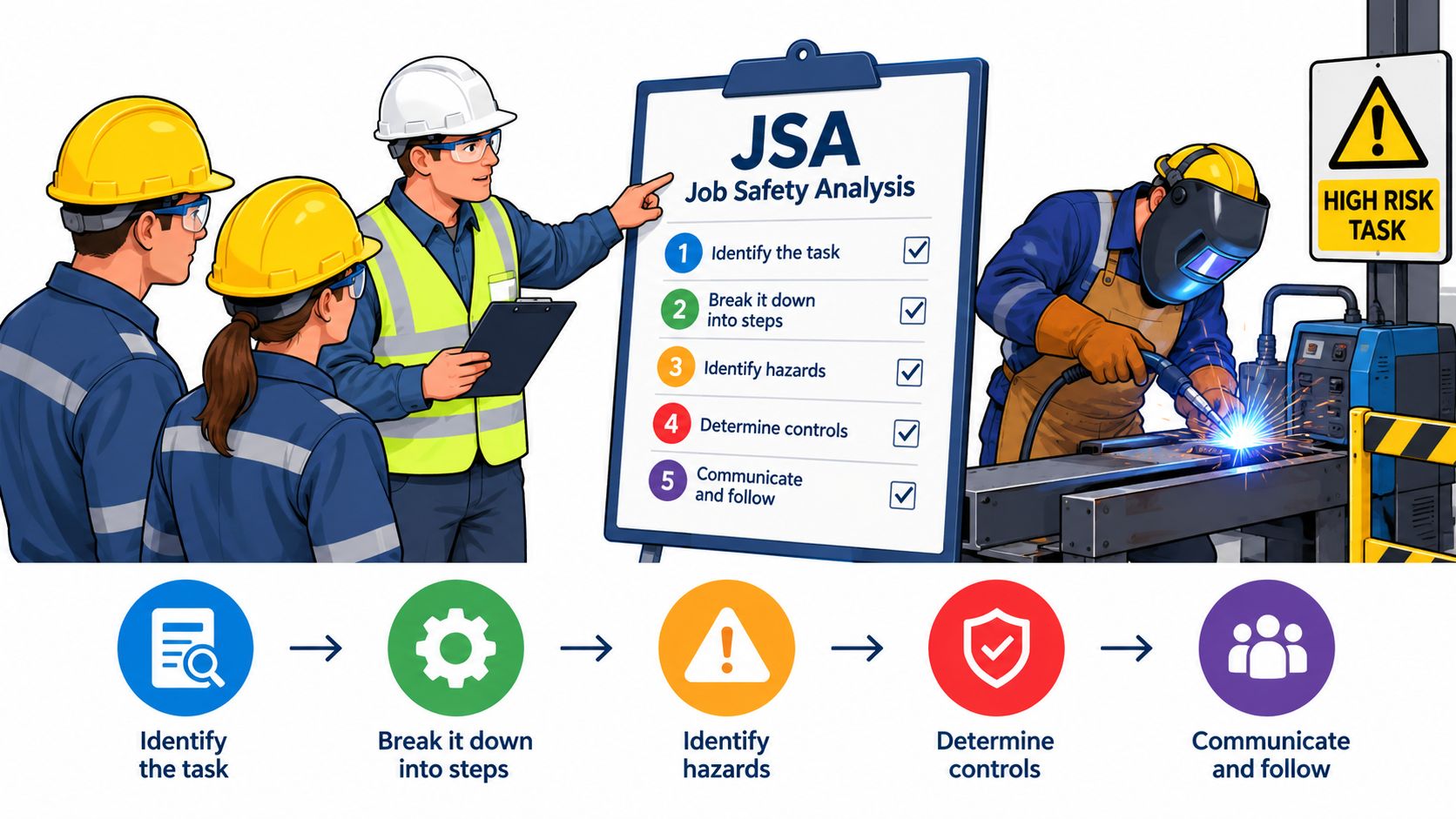 Professional team performing a job safety analysis of welding work in an industrial setting.